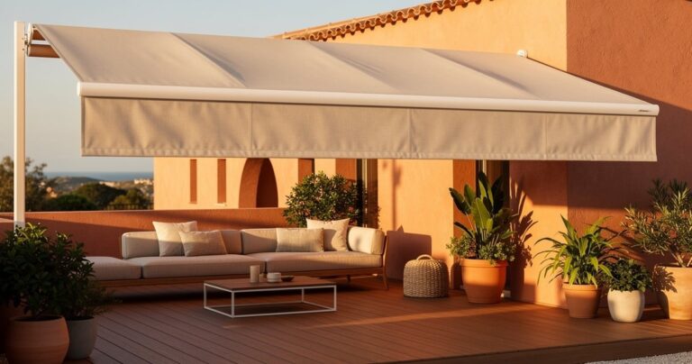 Auvent rétractable beige déployé au-dessus d une terrasse en bois avec mobilier de jardin