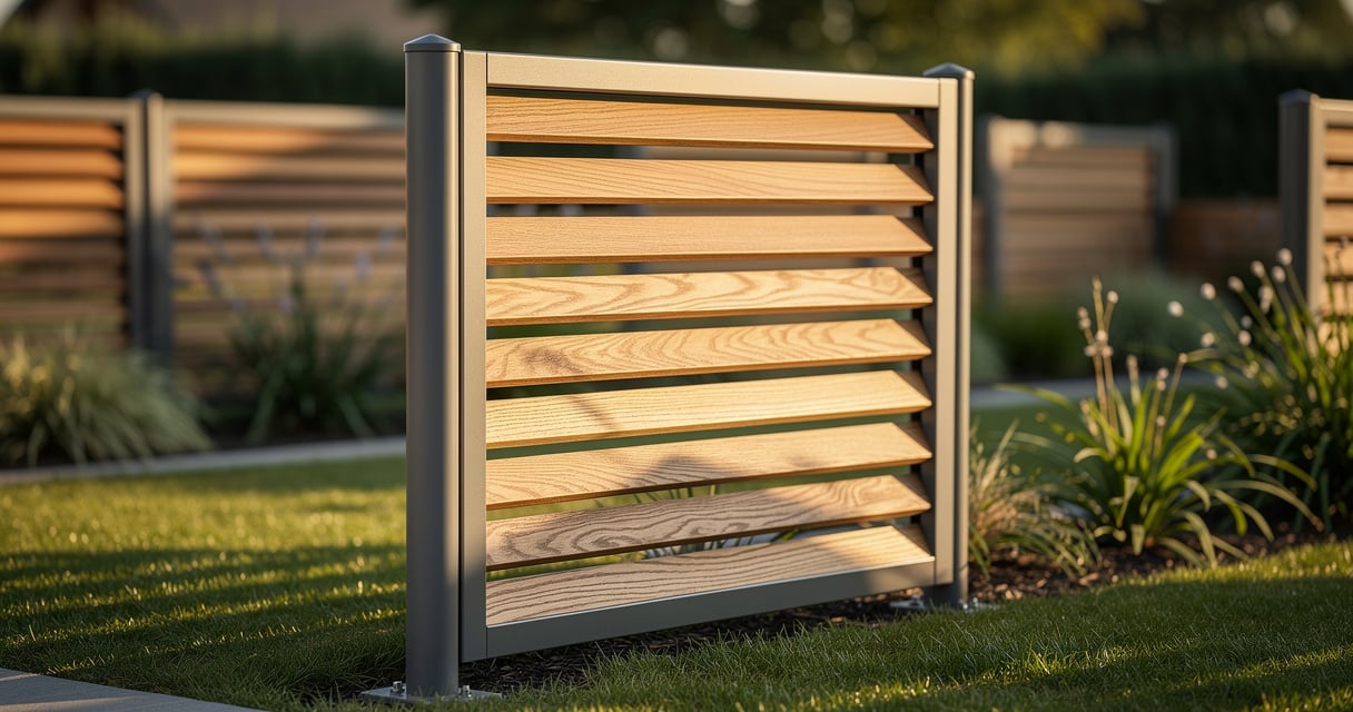 Claustra extérieur combinant bois et aluminium dans un jardin contemporain