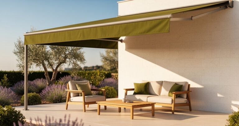 Terrasse avec store banne vert olive déployé sur façade en pierre blanche