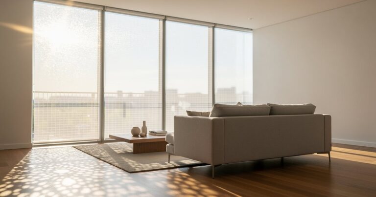 Salon lumineux avec baies vitrées équipées d un film solaire anti chaleur