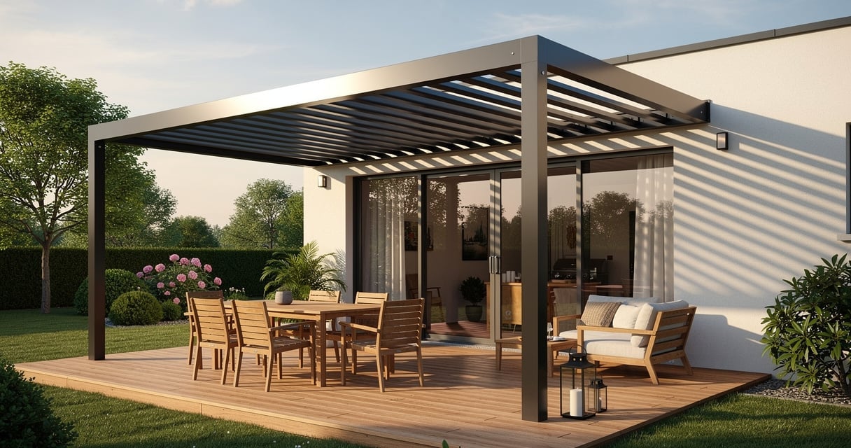 Pergola adossée en aluminium gris anthracite avec lames orientables sur terrasse contemporaine