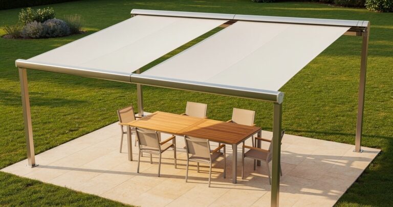 Store banne double pente installé sur une terrasse de jardin avec table et chaises