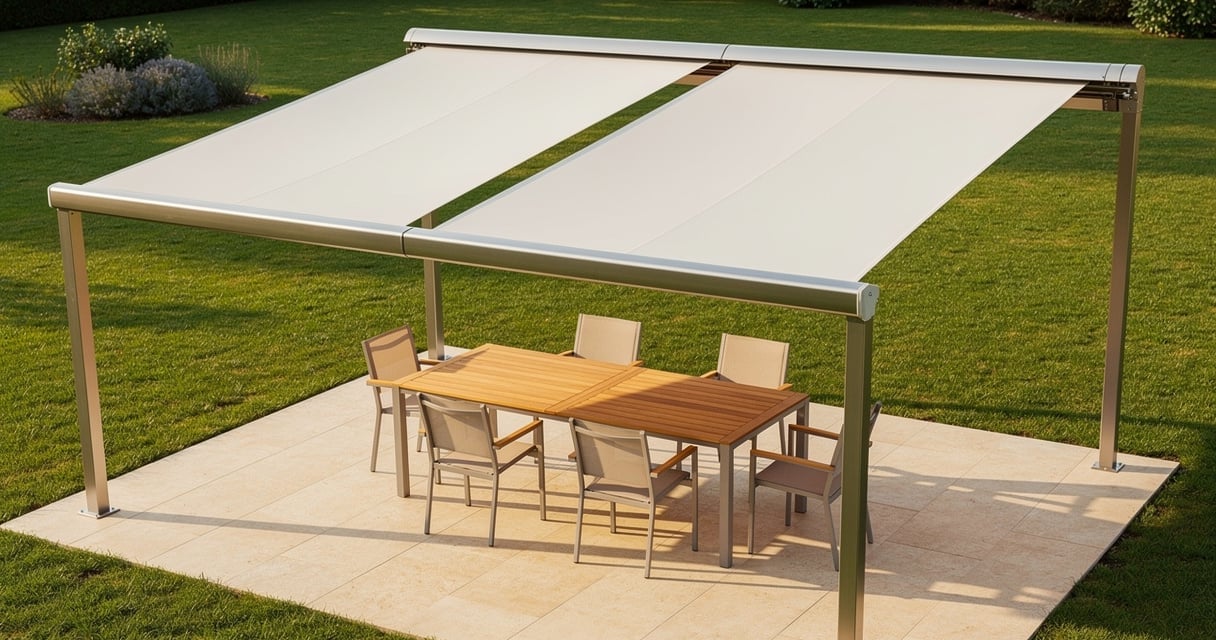 Store banne double pente installé sur une terrasse de jardin avec table et chaises