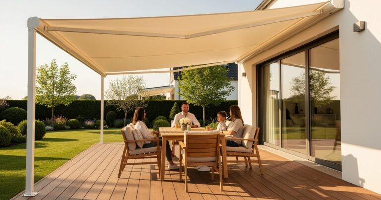 Terrasse avec un store banne électrique déployé par beau temps