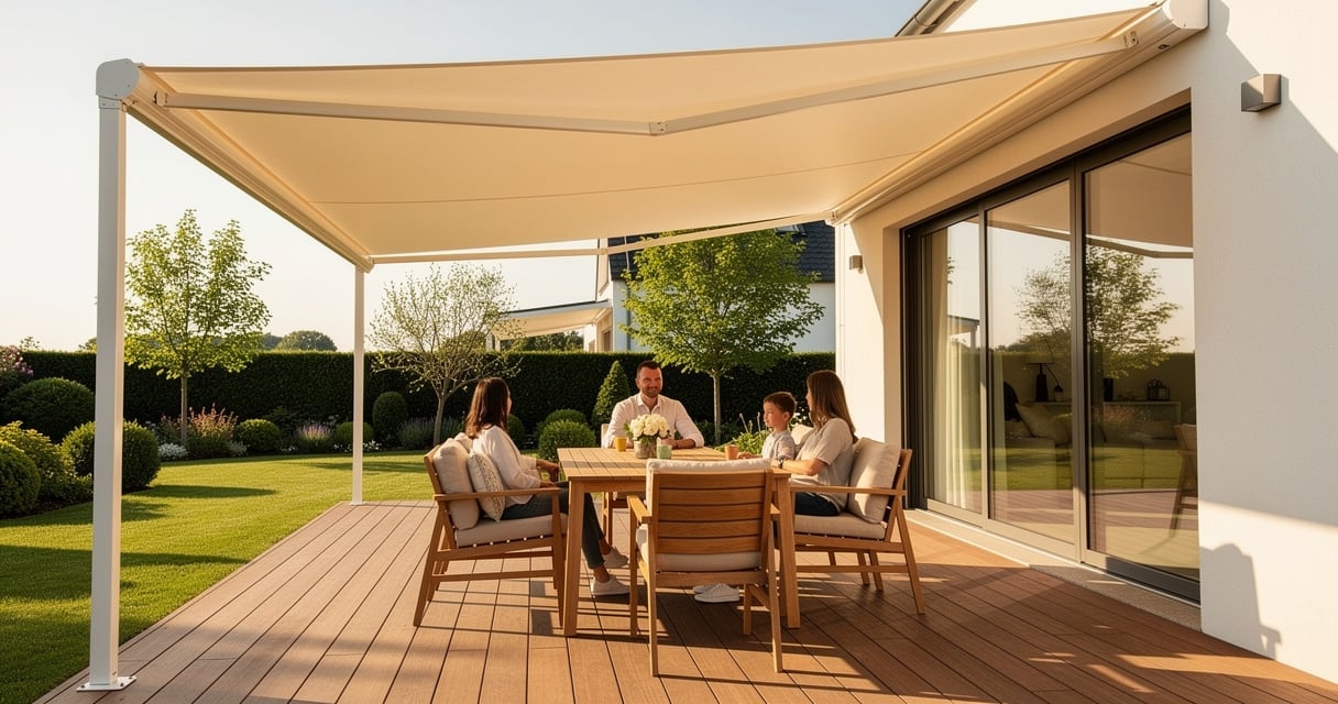 Terrasse avec un store banne électrique déployé par beau temps