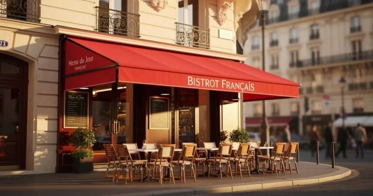 Store banne rouge déployé sur la façade d un bistrot parisien avec terrasse