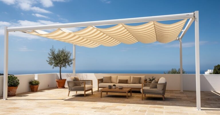 Store banne déployé sur une terrasse ensoleillée par temps venteux