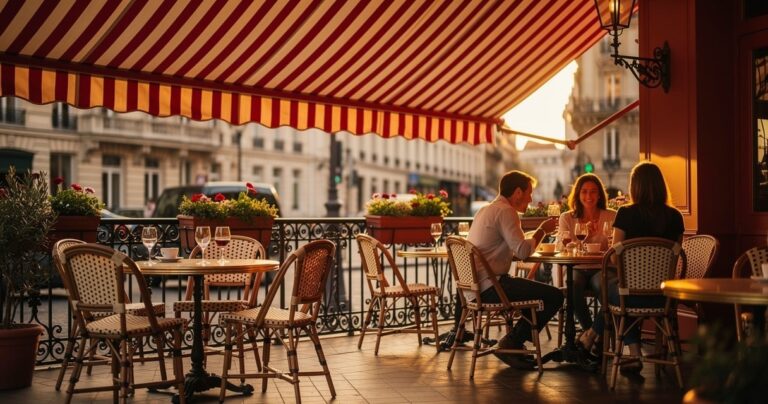 Terrasse de restaurant avec store banne rouge déployé en fin de journée
