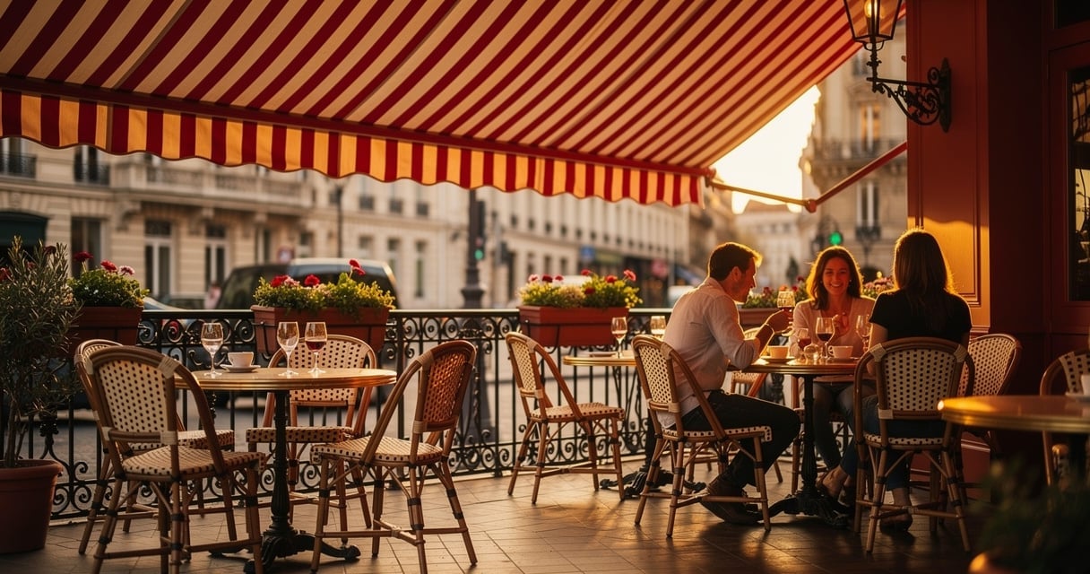 Terrasse de restaurant avec store banne rouge déployé en fin de journée