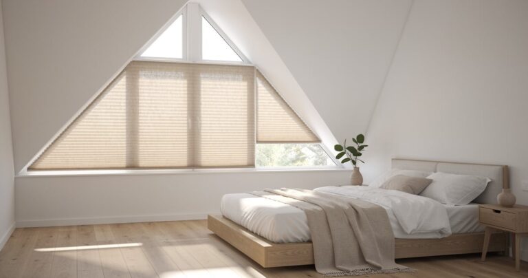 Chambre moderne avec store plissé sur mesure habillant une fenêtre triangle de pignon