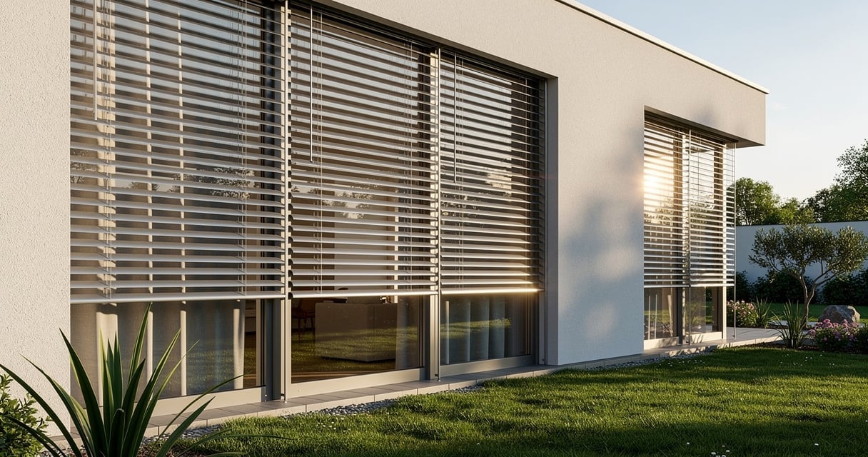 Store vénitien extérieur en aluminium installé sur la façade d'une maison contemporaine