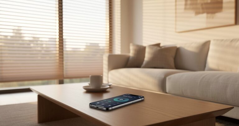 Stores connectés pilotés par domotique dans un salon moderne
