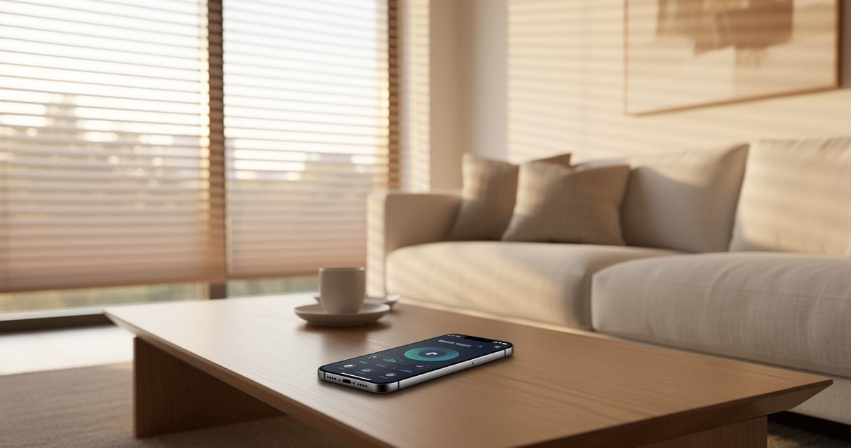 Stores connectés pilotés par domotique dans un salon moderne