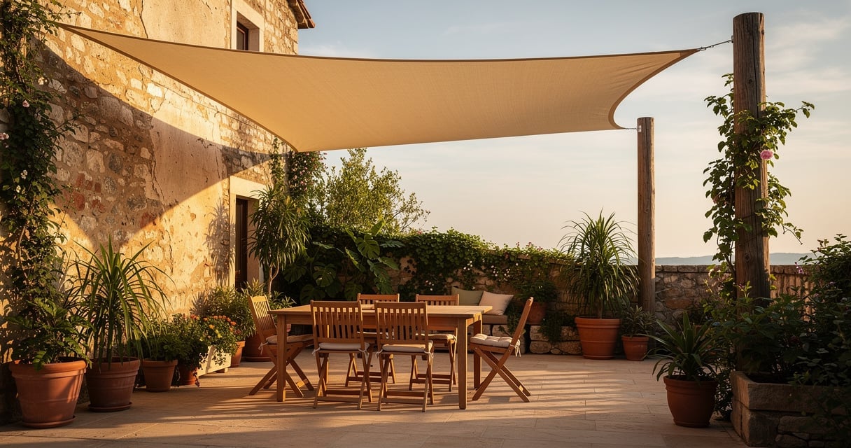 Voile d ombrage triangulaire beige tendue au-dessus d une terrasse en bois avec table et chaises