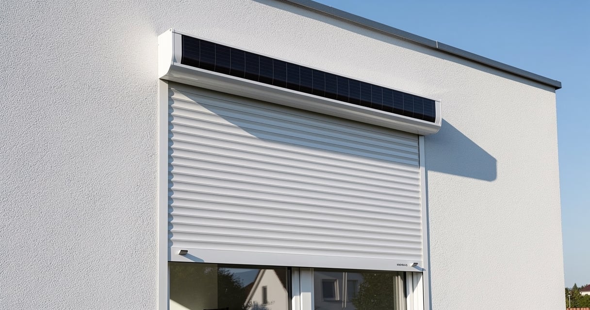 Volet roulant solaire blanc avec panneau intégré sur la façade d une maison moderne